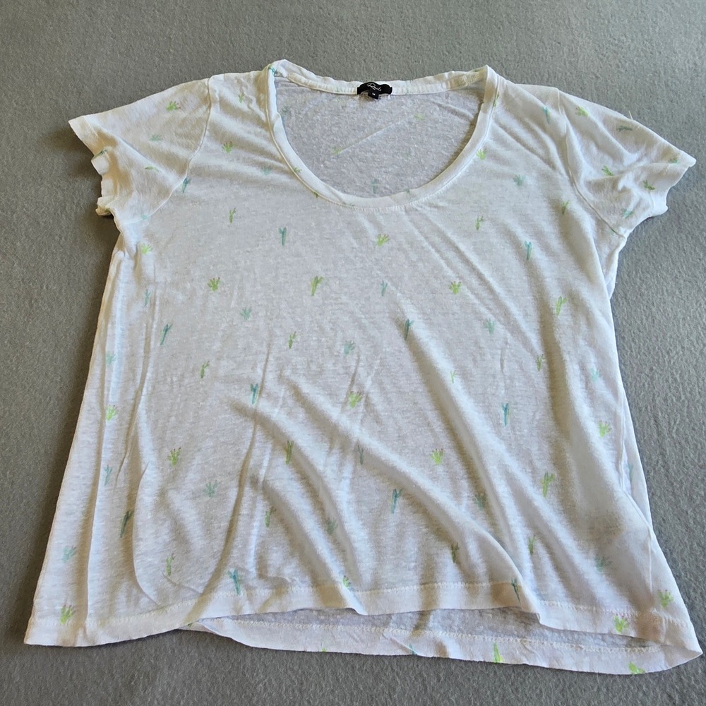 Rails T-Shirt Womens Medium White‎ Cactus Print Linen Blend Scoop Neck Relaxed